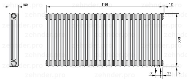 Схема (чертеж) Радиатор Zehnder Charleston 3100/26 №5510 Белый глянцевый RAL 9016